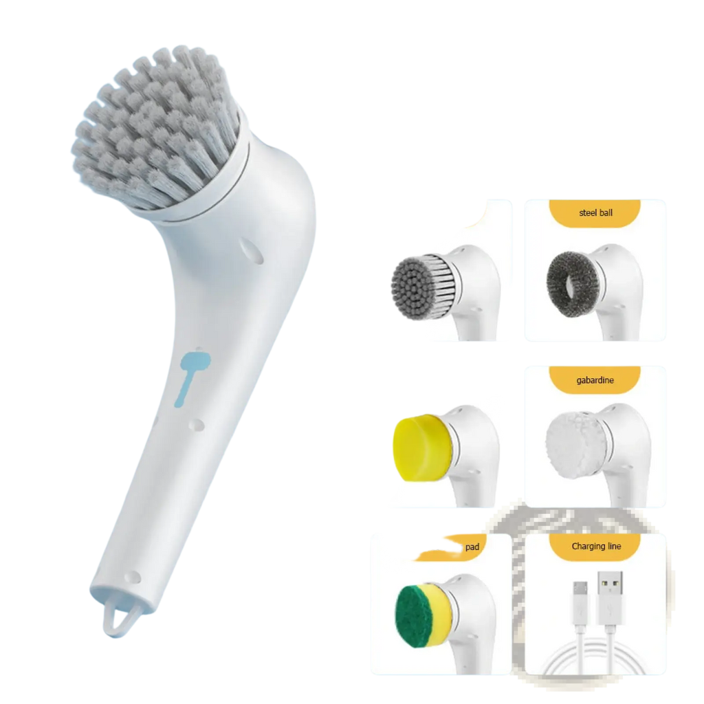 White electric cleaning brush cordless scrubber with gray nylon bristles and ergonomic handle for efficient cleaning