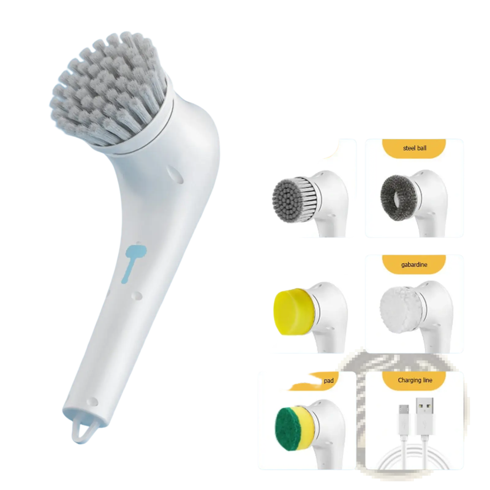 White electric cleaning brush cordless scrubber with gray nylon bristles and ergonomic handle for efficient cleaning