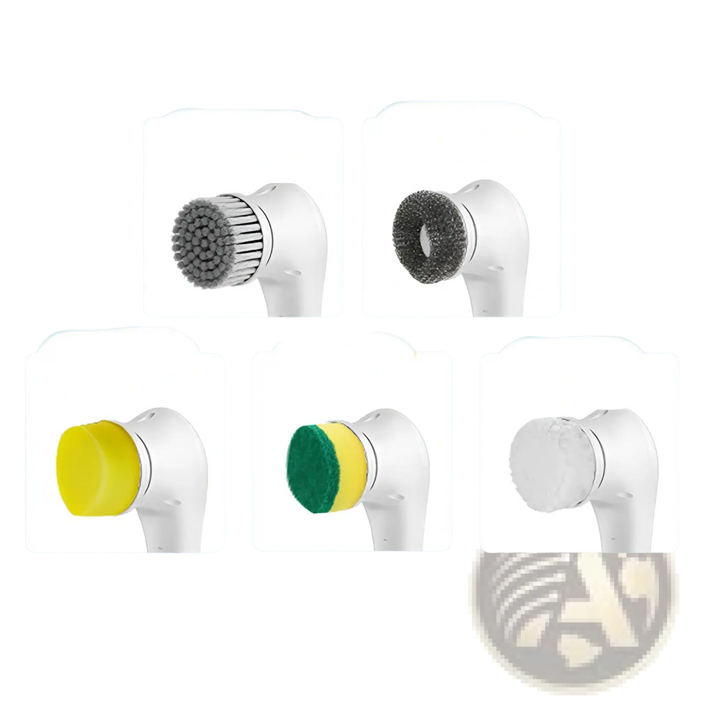 White electric cleaning brush cordless scrubber with five interchangeable heads including sponges and bristle brushes
