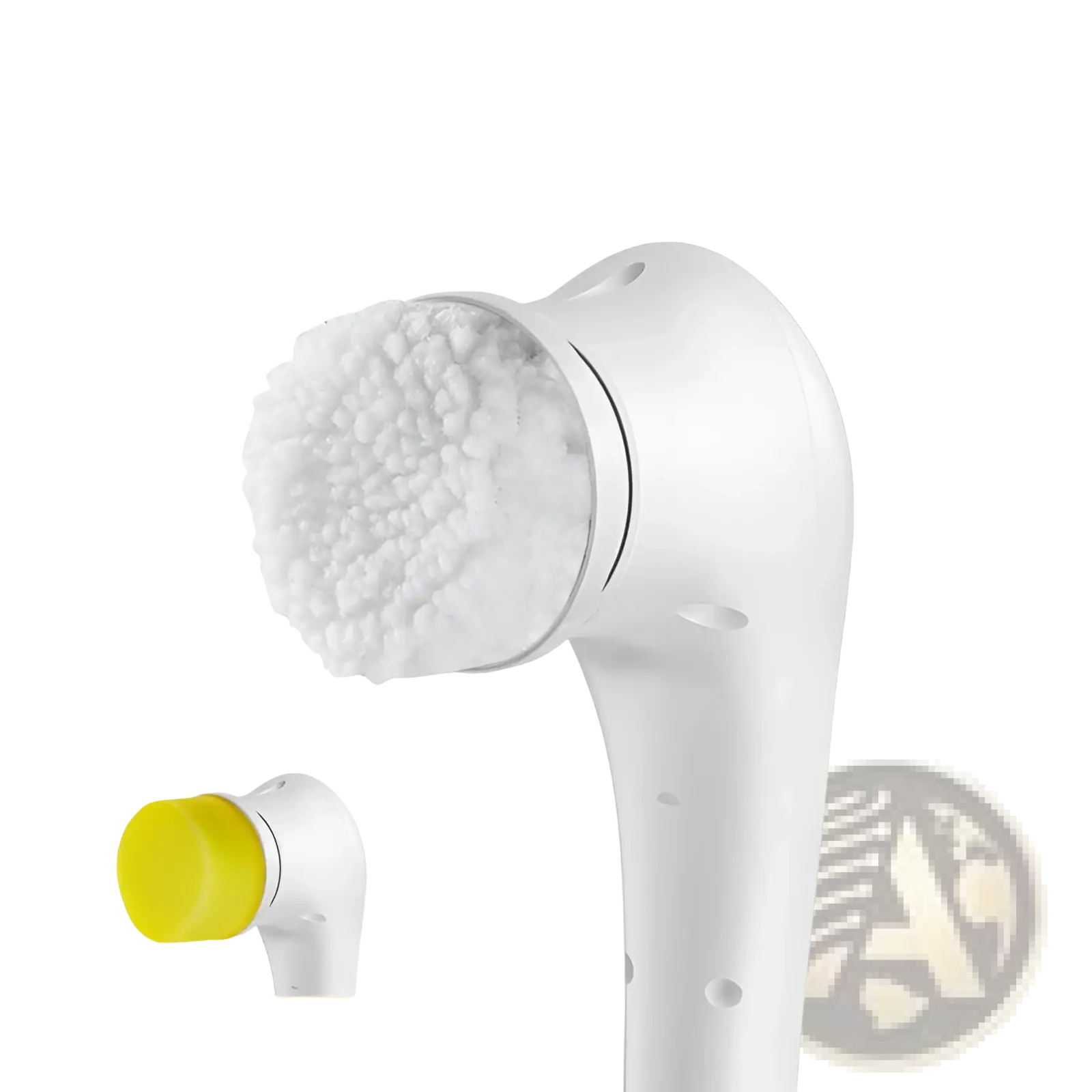 White plastic cordless electric cleaning brush with a fluffy textured white bristle head for facial cleansing