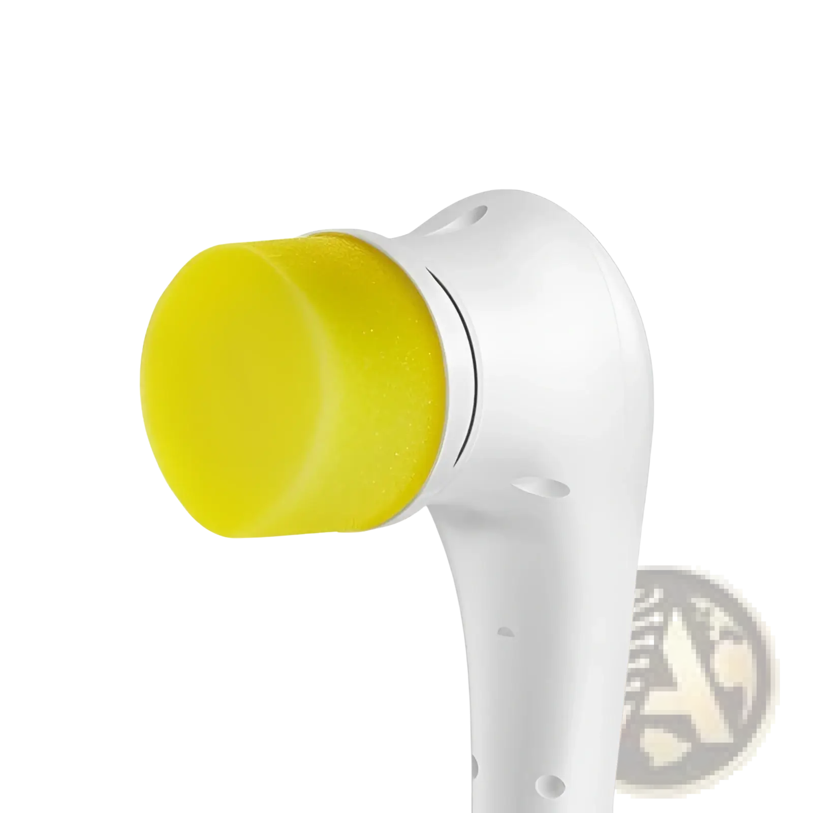 White electric facial cleansing device with bright yellow sponge head cordless scrubber with five interchangeable heads