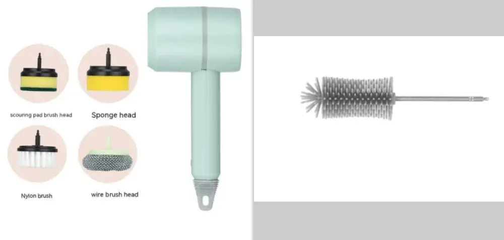 Arbaglobal usb rechargeable electric scrub brush set with light green plastic handle and interchangeable sponge nylon wire heads
