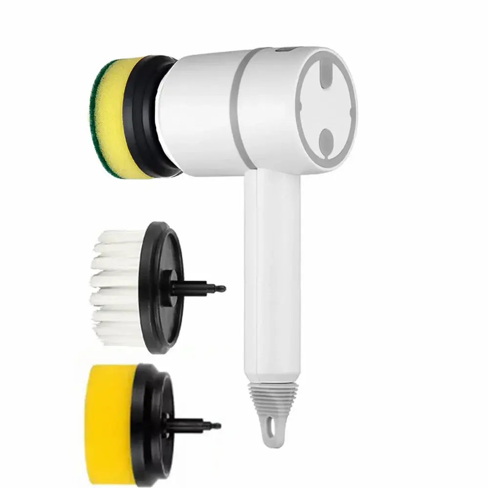 White Arbaglobal USB rechargeable electric cleaning brush set with interchangeable yellow and green sponge and white bristles