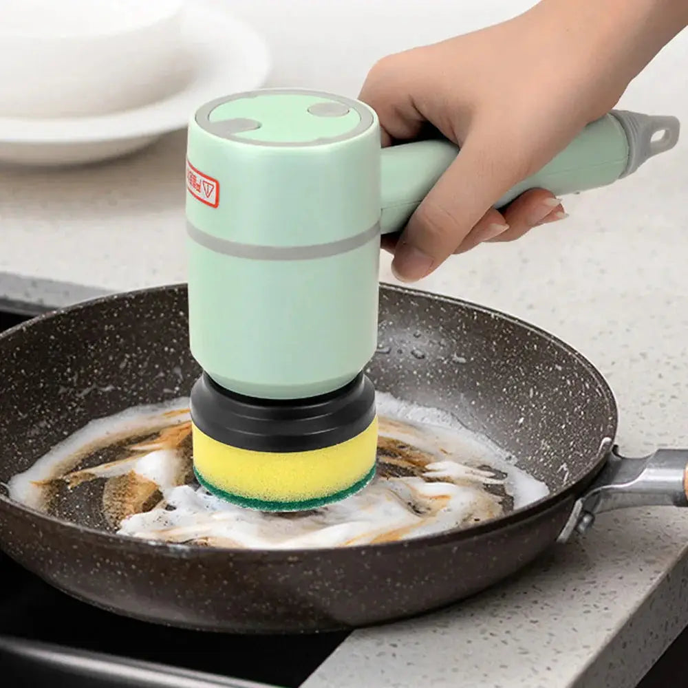 Arbaglobal usb rechargeable mint green electric scrub brush with yellow green sponge head for cleaning pans
