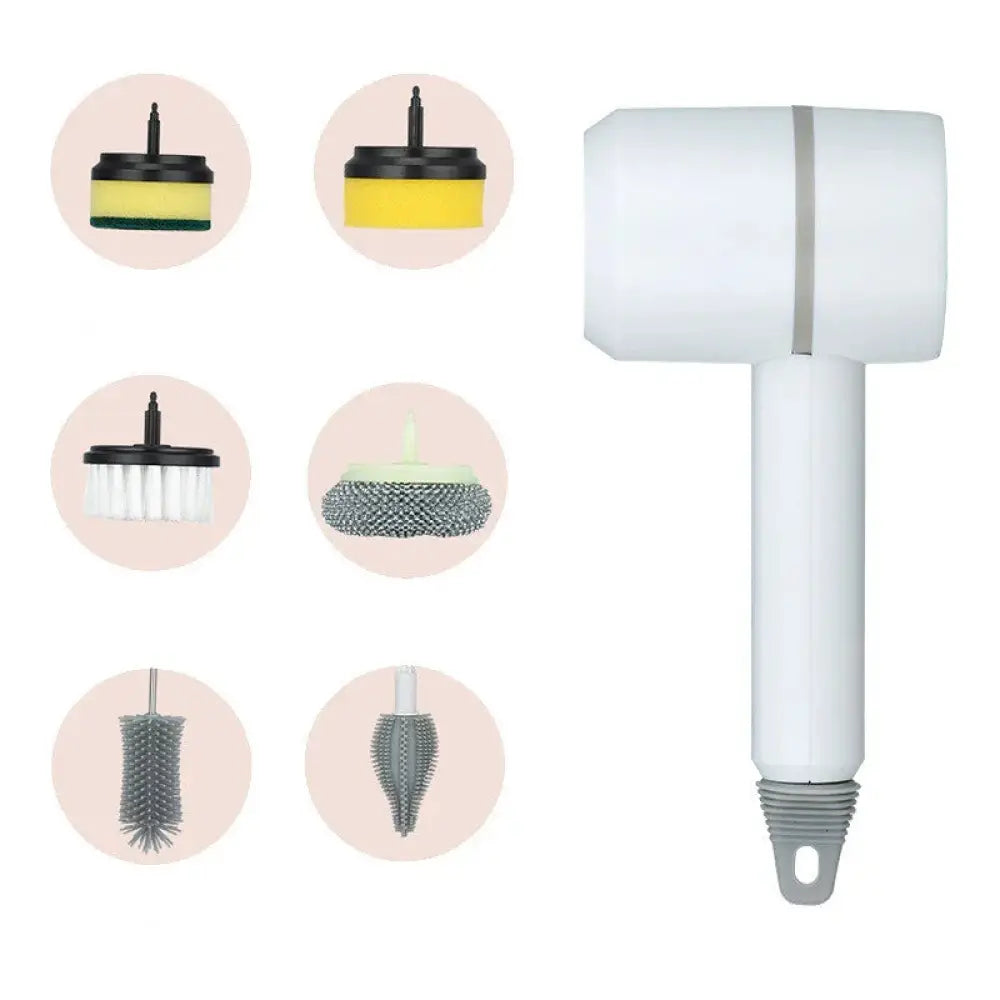 White plastic multi-purpose cleaning brush with interchangeable heads from arbaglobal usb rechargeable electric scrub brush set