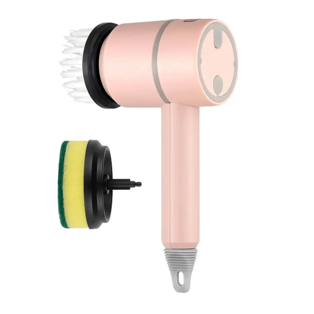 Arbaglobal usb rechargeable pink electric multi-purpose cleaning brush with white bristles and detachable yellow-green sponge