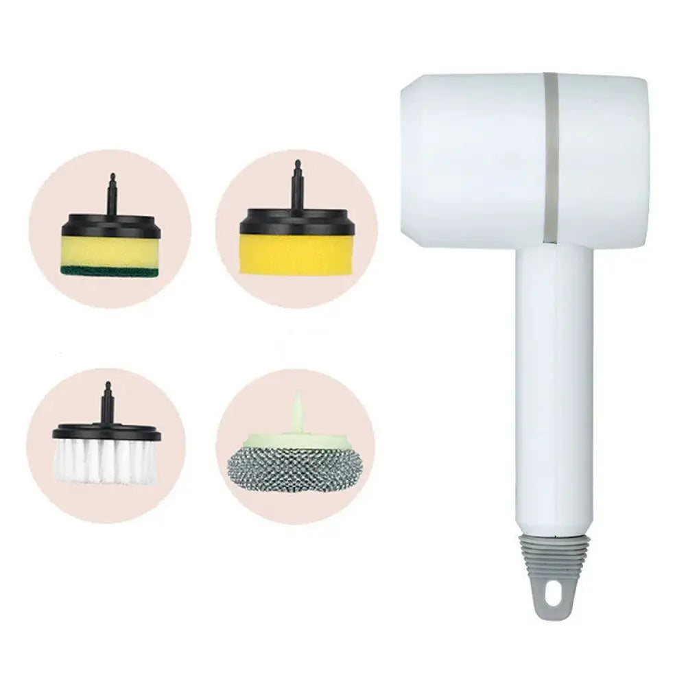 White handheld multi-purpose USB rechargeable electric scrub brush set with interchangeable attachments by Arbaglobal