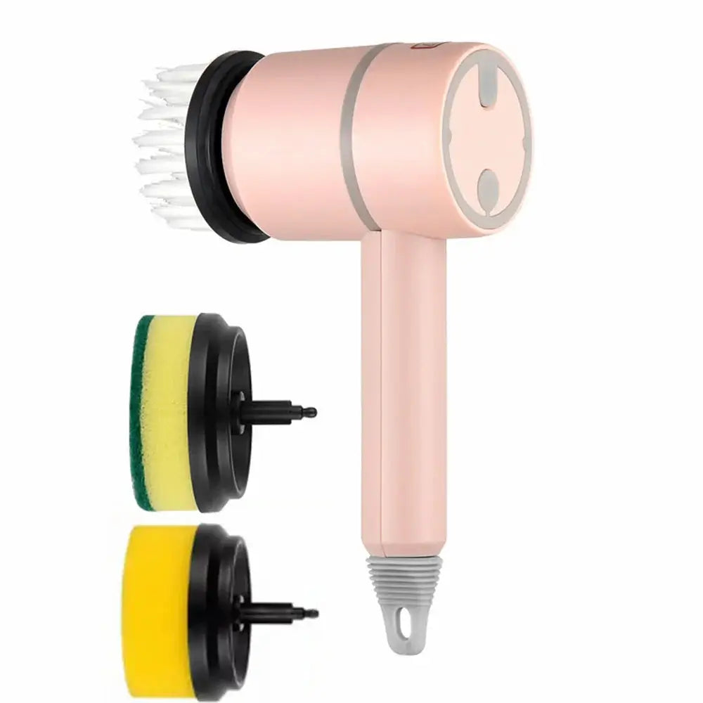 Arbaglobal usb rechargeable pink electric dish brush with white bristles and interchangeable sponge attachments