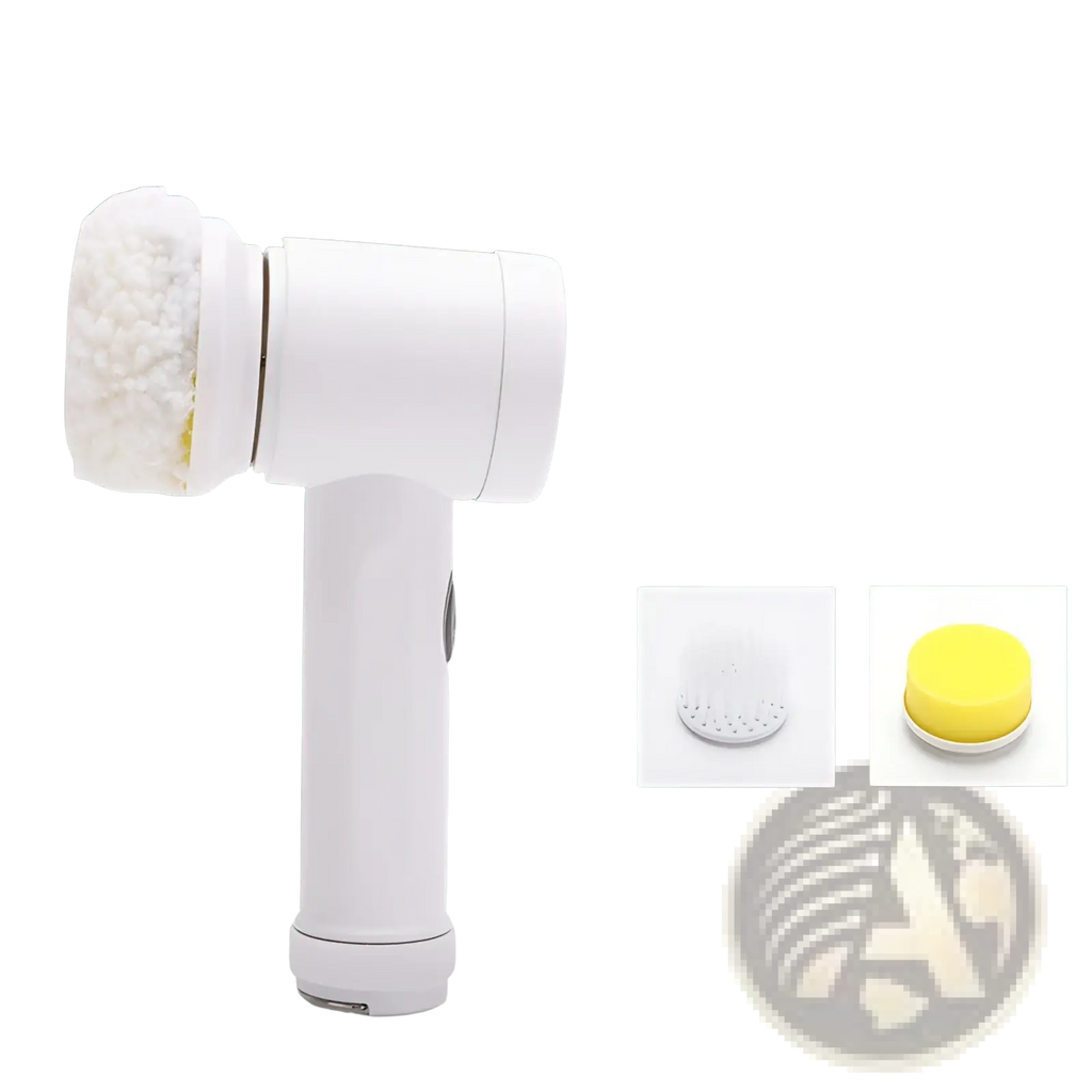 White electric cleaning brush with soft textured head and five interchangeable waterproof USB scrubber attachments