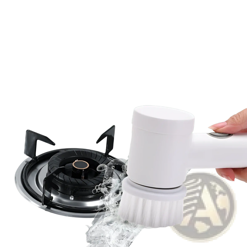White electric cleaning brush with soft bristles designed for stovetop burner cleaning in waterproof usb scrubber set