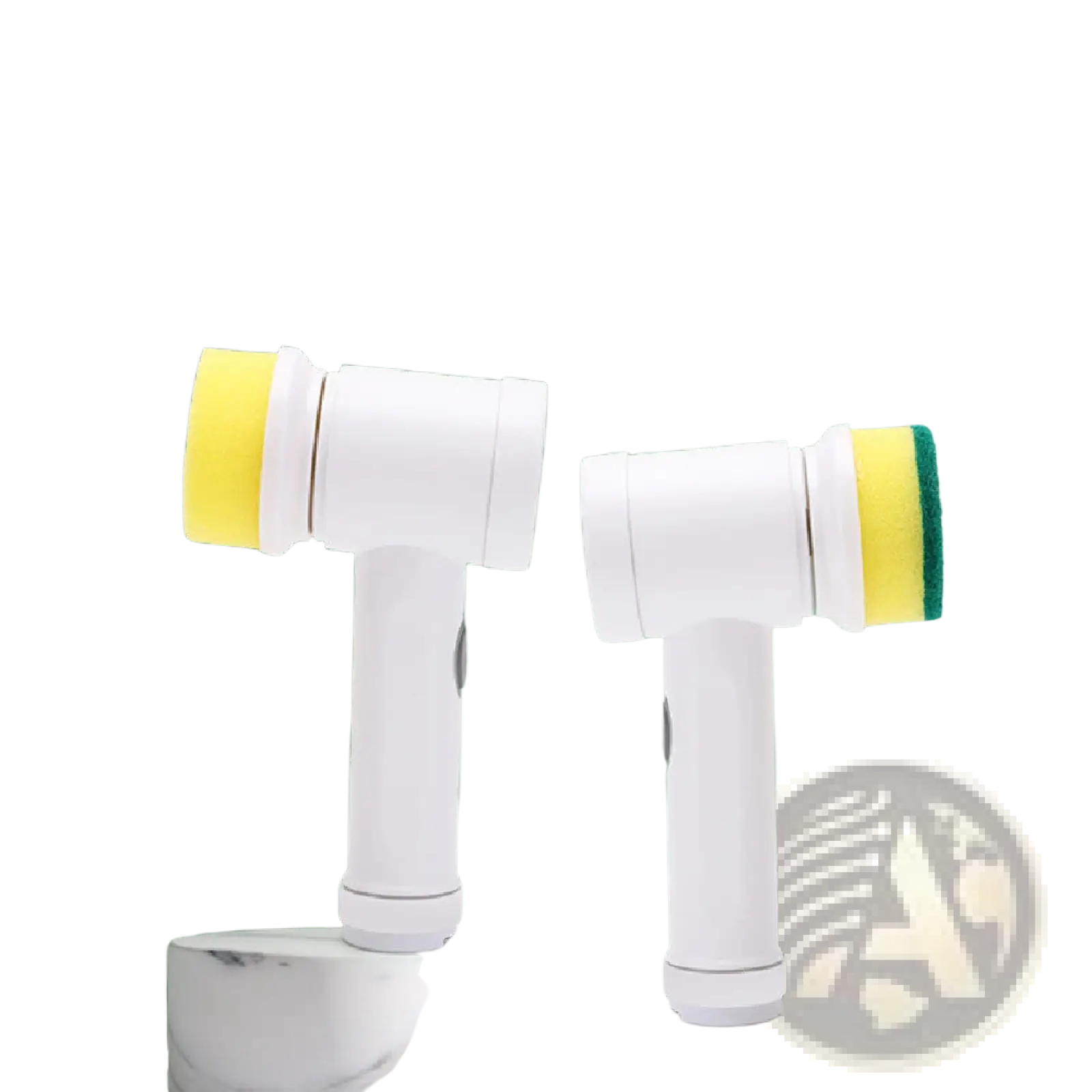 Two white electric cleaning brushes with yellow sponge heads and one featuring a green scrubbing pad usb waterproof scrubber
