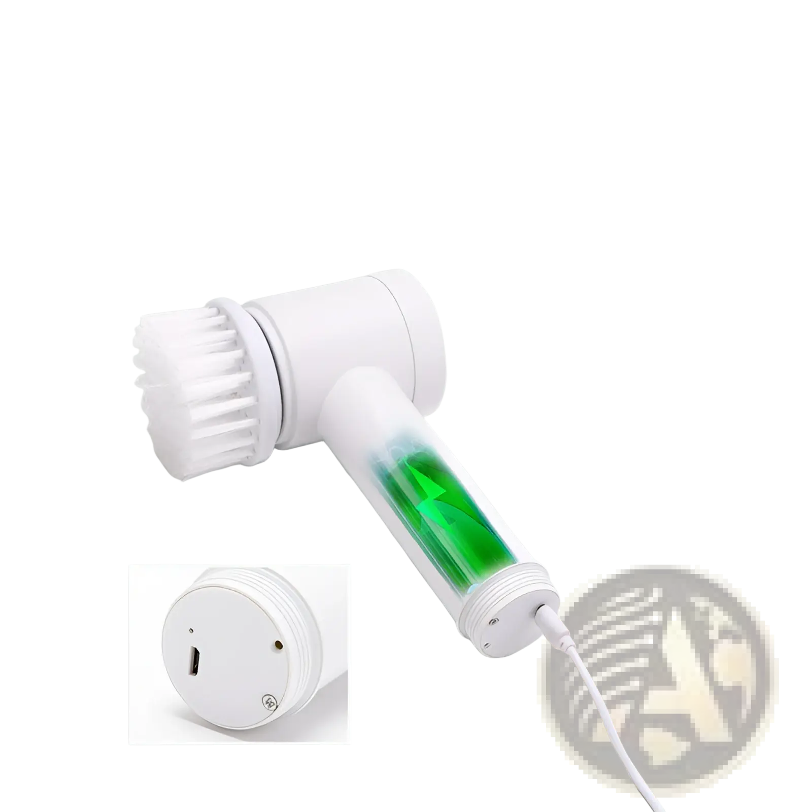White electric facial cleansing brush with soft bristles translucent body and green battery indicator waterproof usb scrubber