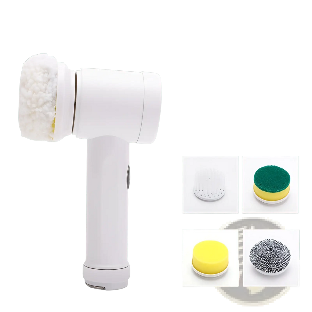 White electric multi-surface cleaning brush with waterproof design and five interchangeable USB rechargeable scrubbing heads
