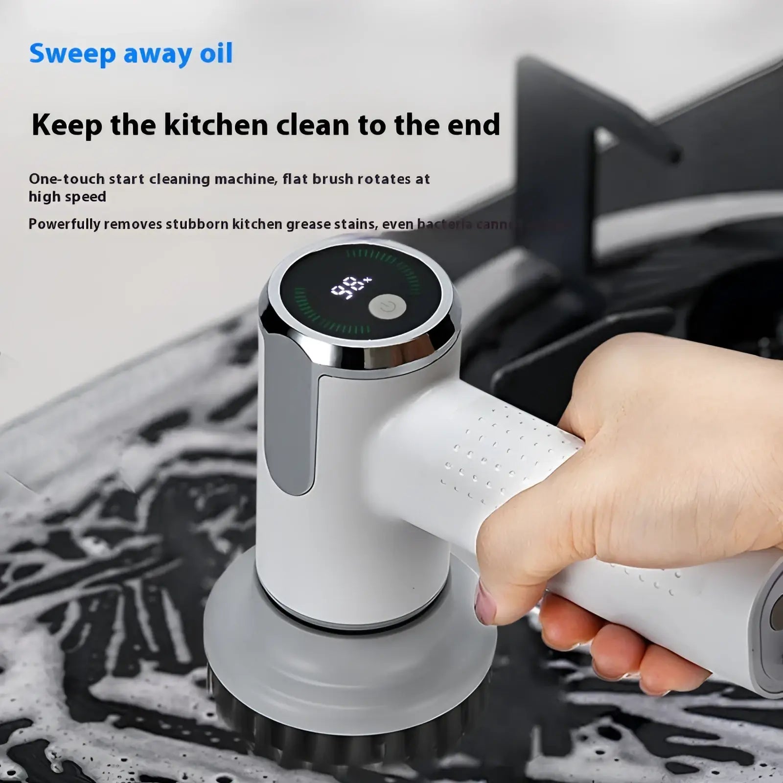 White and silver electric cleaning brush wireless smart scrubber tool with a digital display showing 98 percent