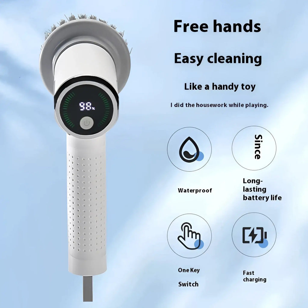White electric handheld showerhead with digital display and bristle brush head for wireless smart scrubber tool cleaning