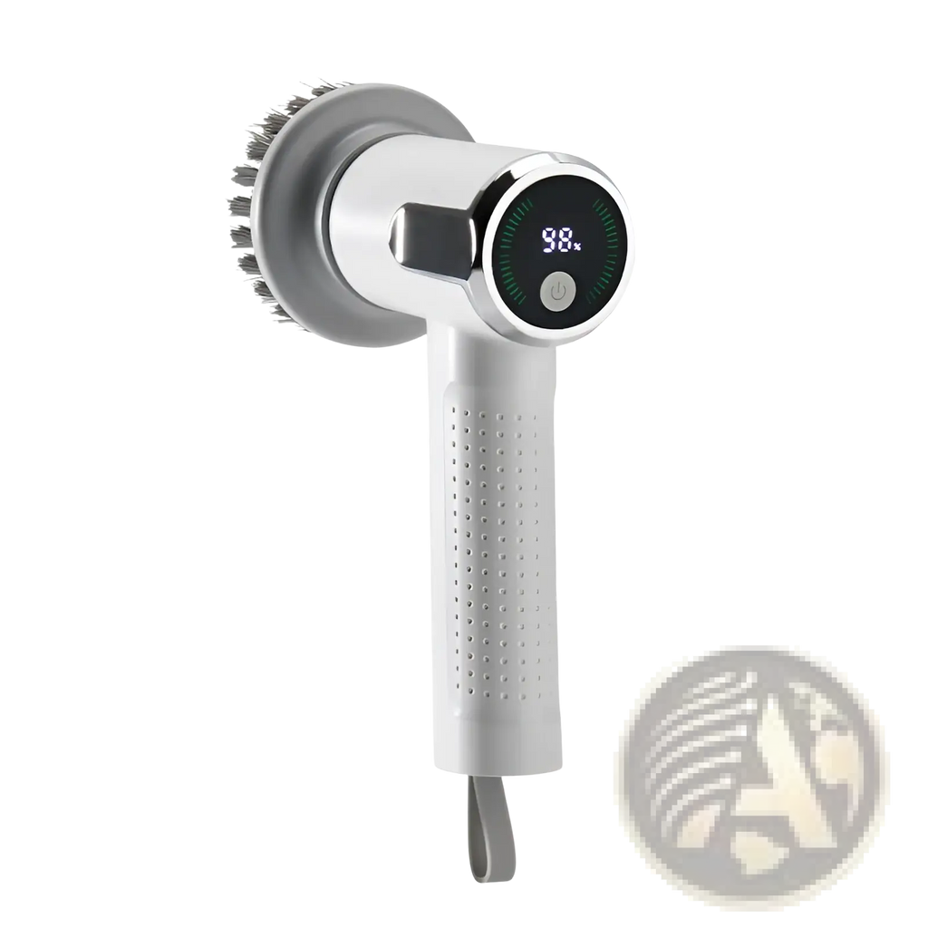 White and silver electric cleaning brush wireless smart scrubber tool with digital display and bristles for body massage