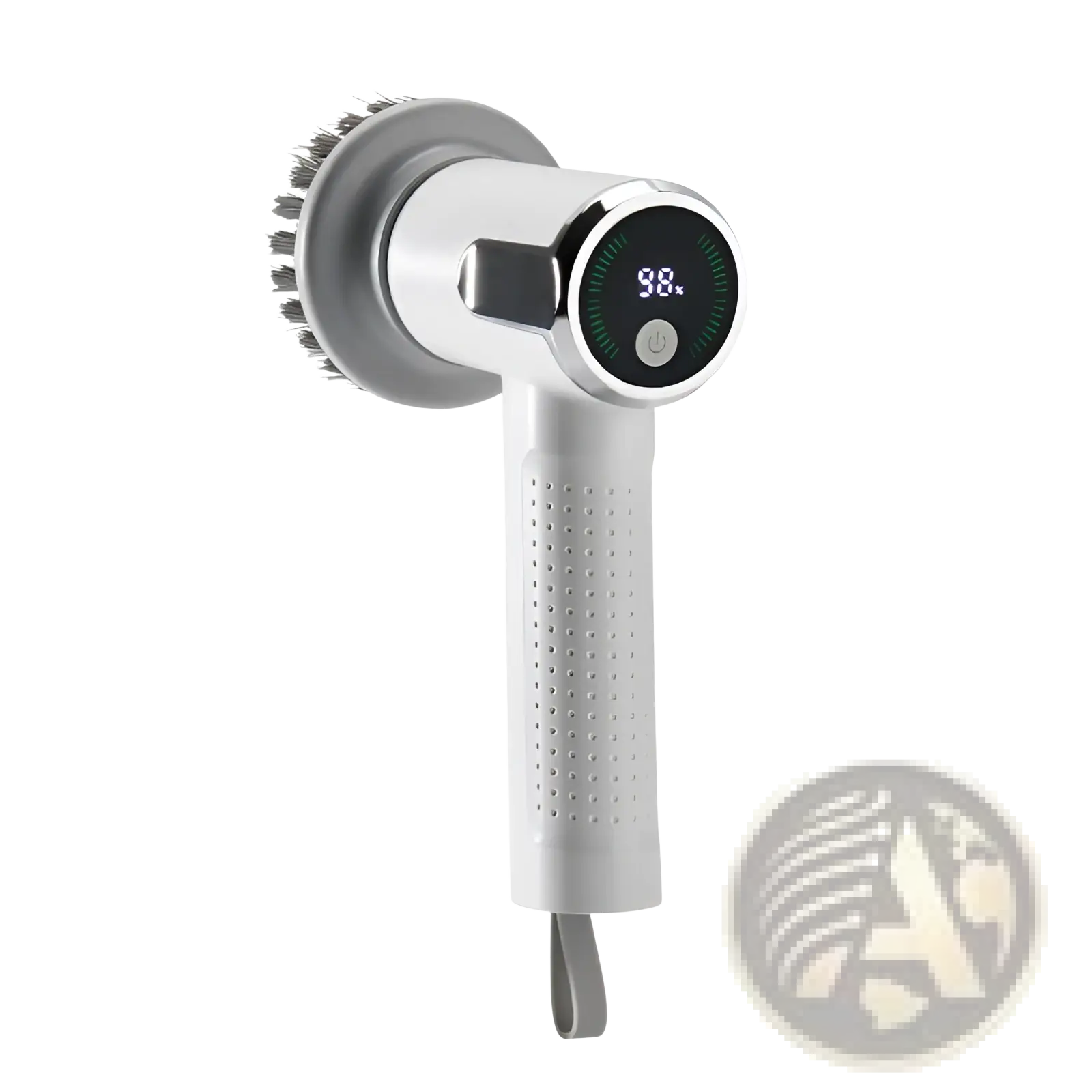 White and silver electric cleaning brush wireless smart scrubber tool with digital display and bristles for body massage