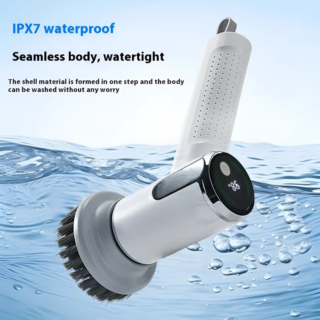 White and silver electric cleaning brush wireless smart scrubber with digital temperature display and perforated ventilated handle