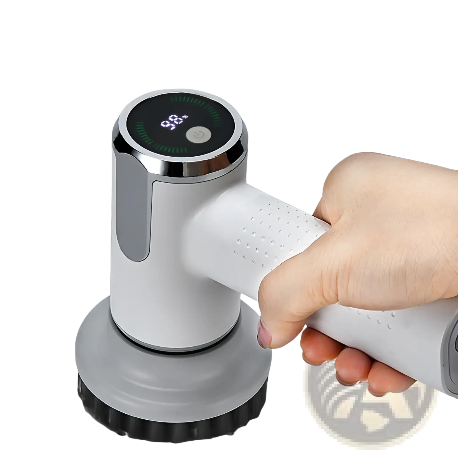 White and silver electric cleaning brush wireless smart scrubber tool with digital display showing 92 percent efficiency