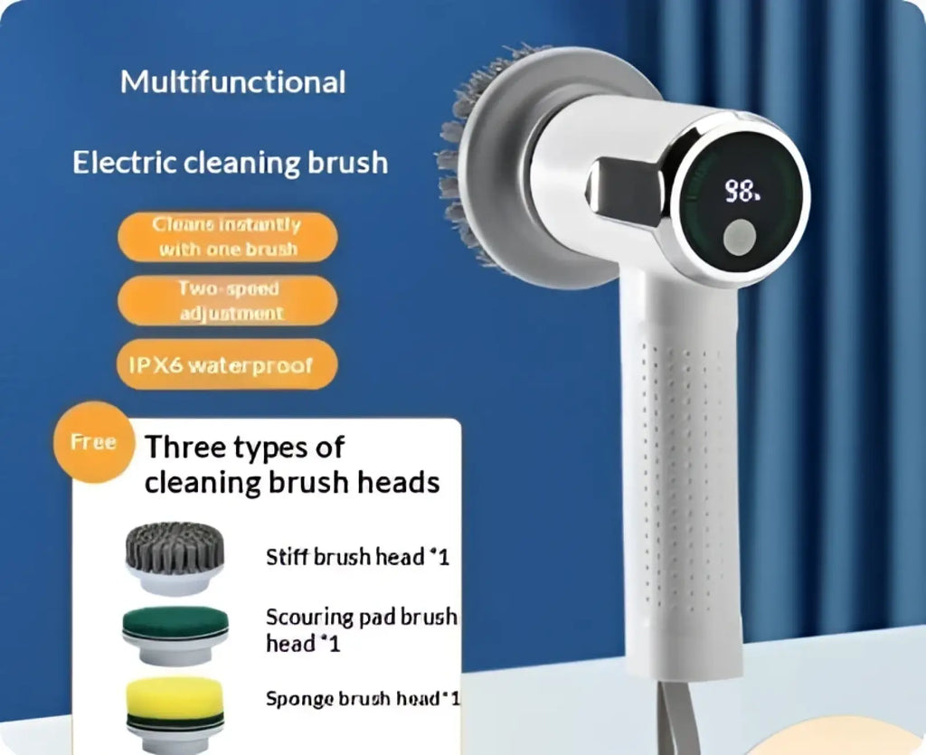 White and silver electric cleaning brush wireless smart scrubber tool with digital display showing 38 and three brush heads