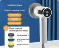 White and silver electric cleaning brush wireless smart scrubber tool with digital display showing 38 and three brush heads