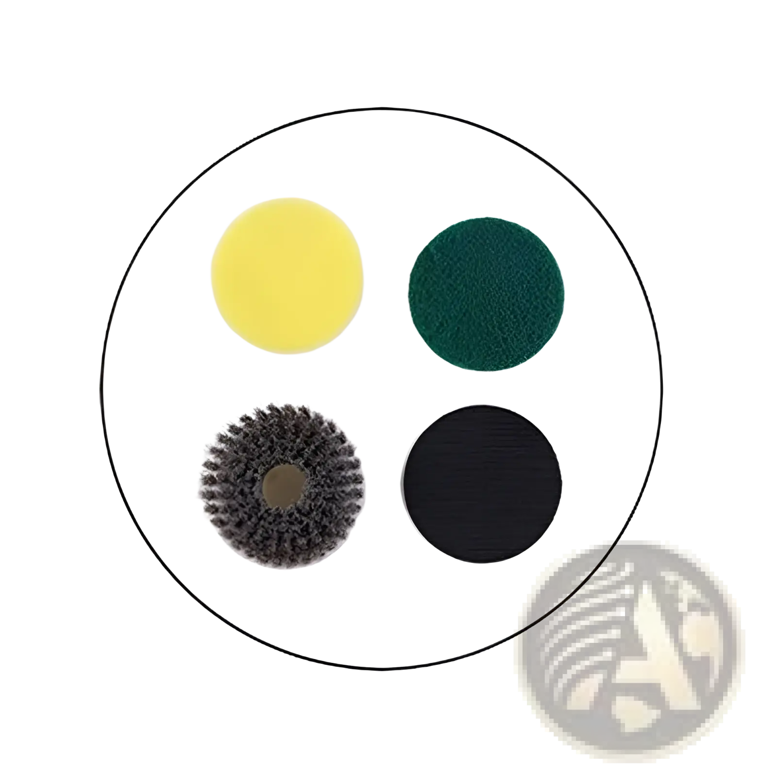 Set of four circular cleaning attachments including yellow sponge, green scouring pad, black velcro adapter, and stiff brush for electric cleaning brush wireless smart scrubber tool