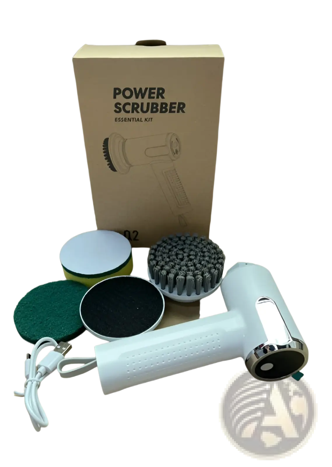 White electric cleaning brush wireless smart scrubber tool with chrome accents and multiple interchangeable brush heads