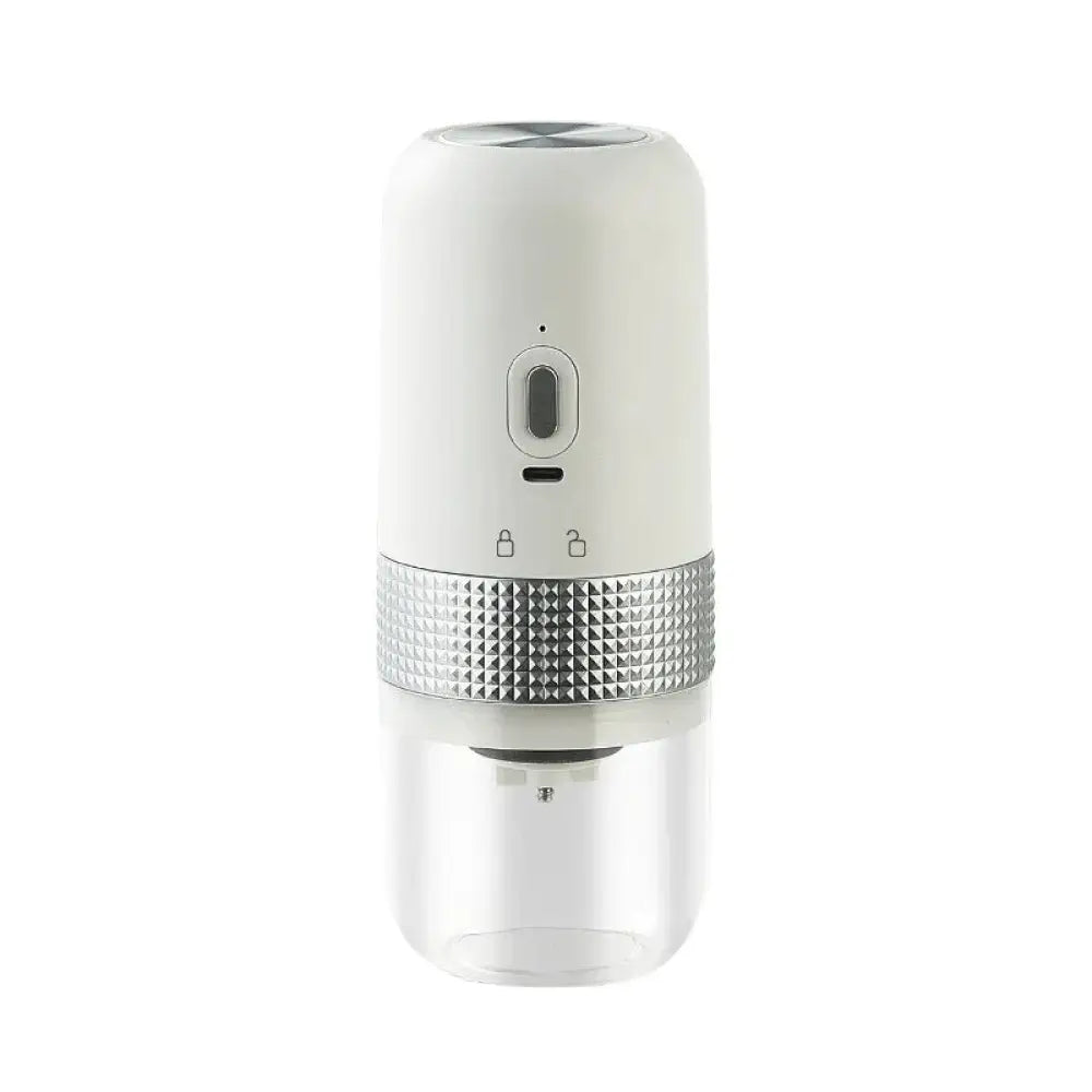 Compact automatic electric coffee grinder in white and silver with a textured metallic band for portability