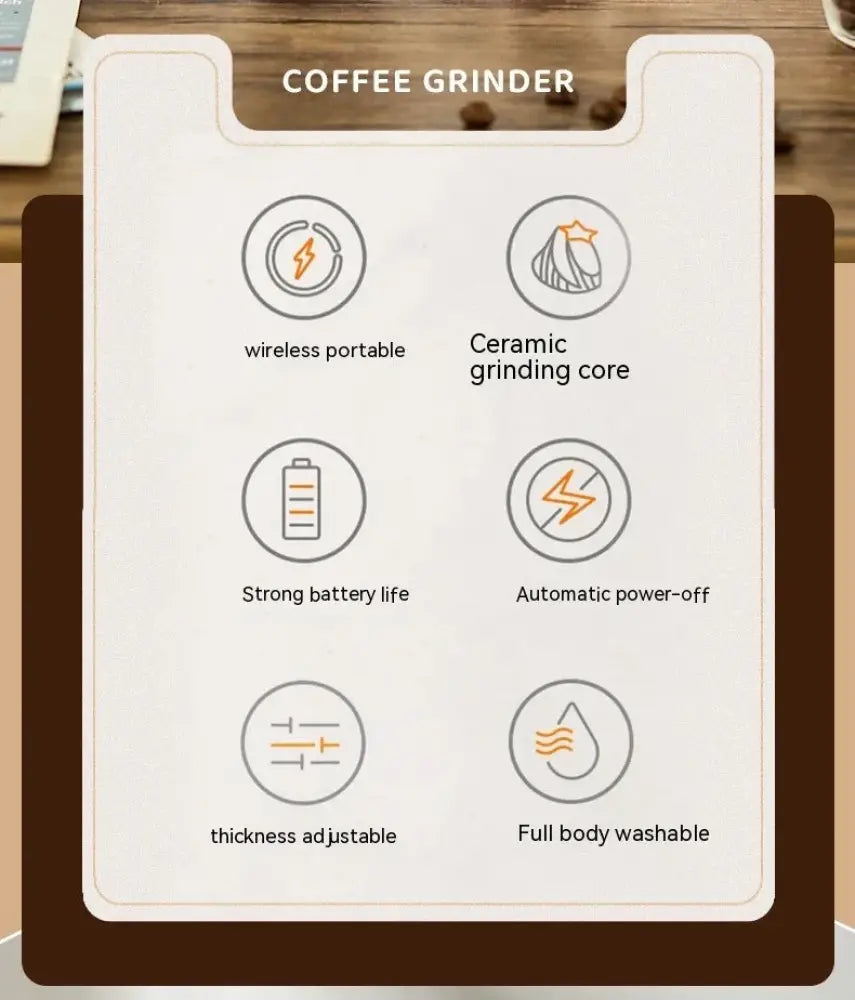 Compact automatic electric coffee grinder with metallic band wireless portable ceramic core and adjustable thickness settings