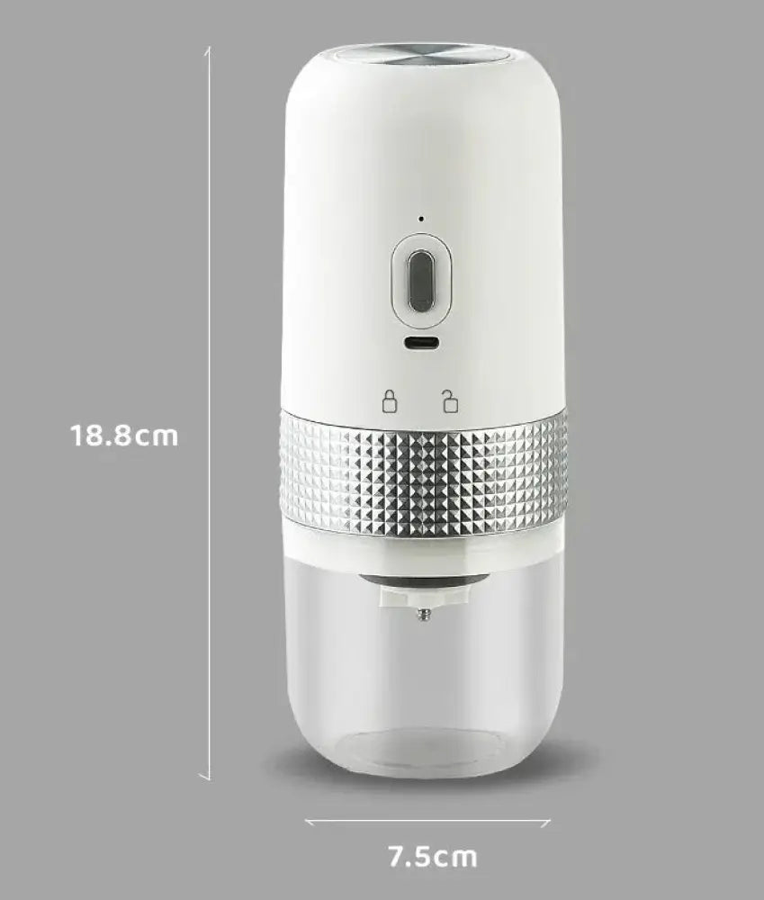 Compact automatic electric coffee grinder in white and silver with a textured metallic band for portable use