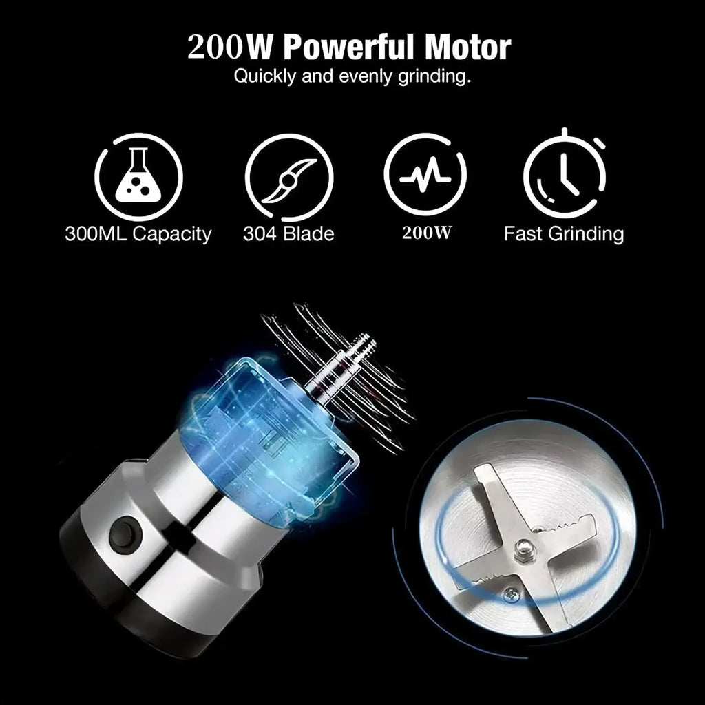 Silver and black electric coffee and spice grinder with transparent blue lid and 304 stainless steel blade mill
