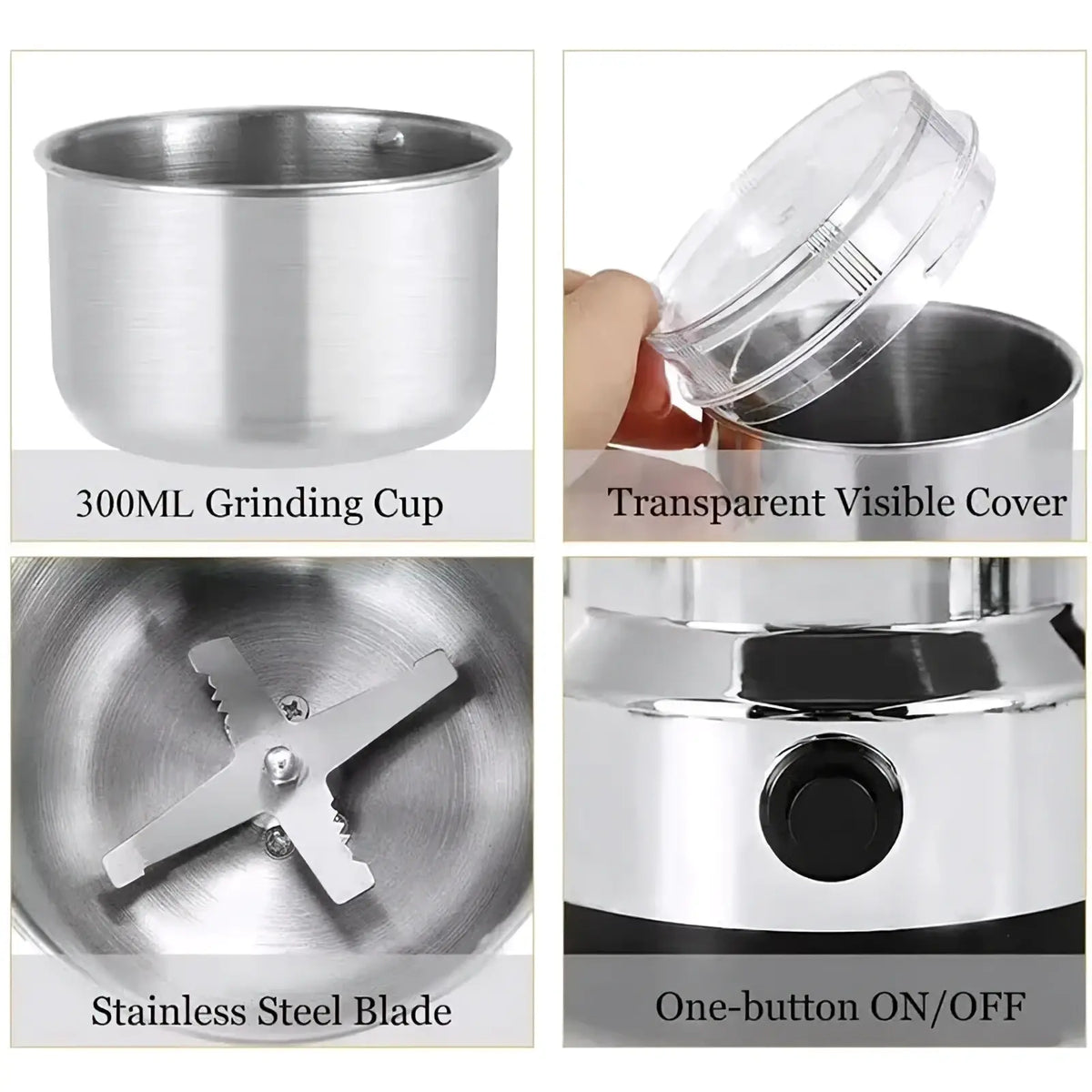 Electric coffee and spice grinder blade mill with stainless steel 300ml grinding cup transparent lid and one-button control