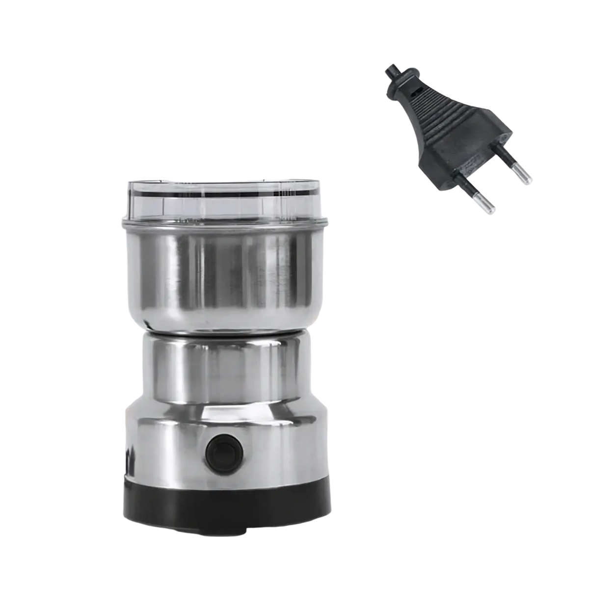 Stainless steel electric coffee and spice grinder blade mill with clear lid and black base for efficient grinding