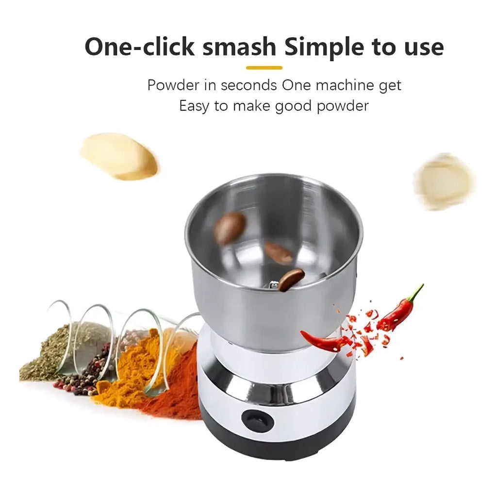 Stainless steel electric coffee and spice grinder with sleek cylindrical design and black base for efficient grinding