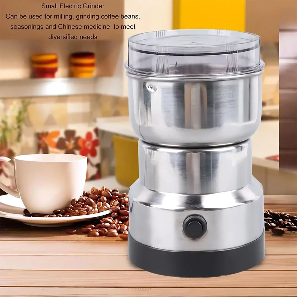 Electric coffee and spice grinder blade mill with stainless steel body black base and clear plastic lid