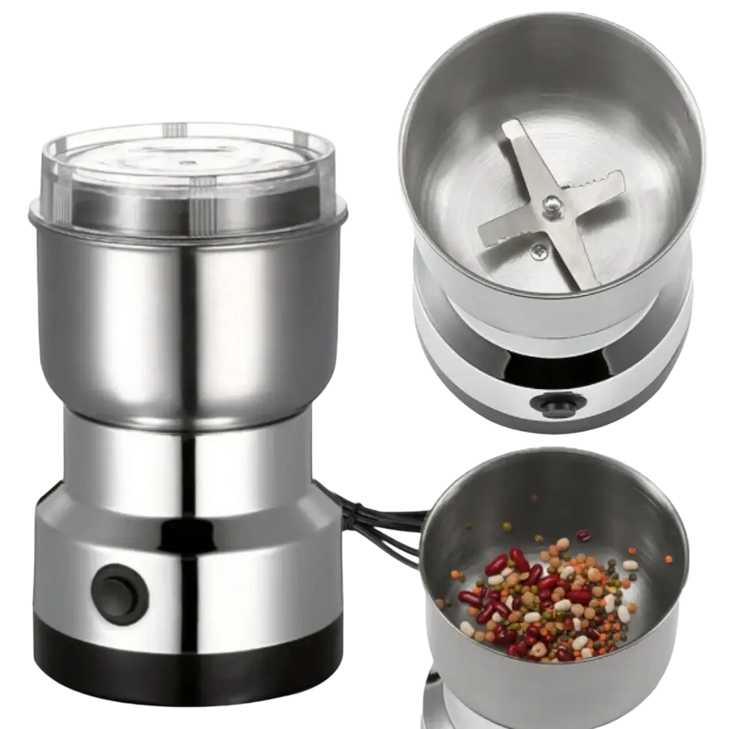 Stainless steel electric coffee and spice grinder with clear lid and removable grinding chamber for easy use