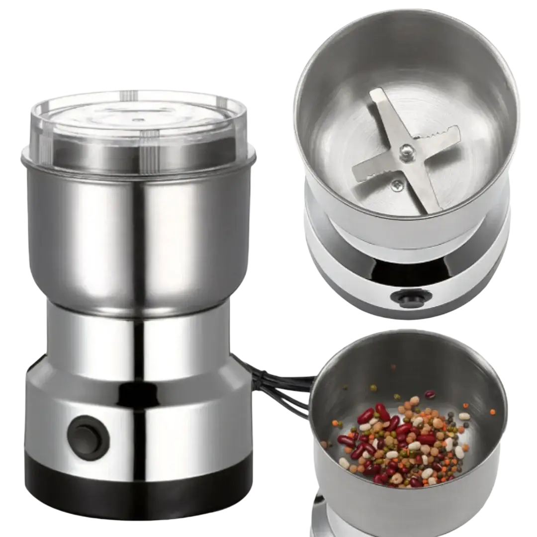 Stainless steel electric coffee and spice grinder with clear lid and removable grinding chamber for easy use