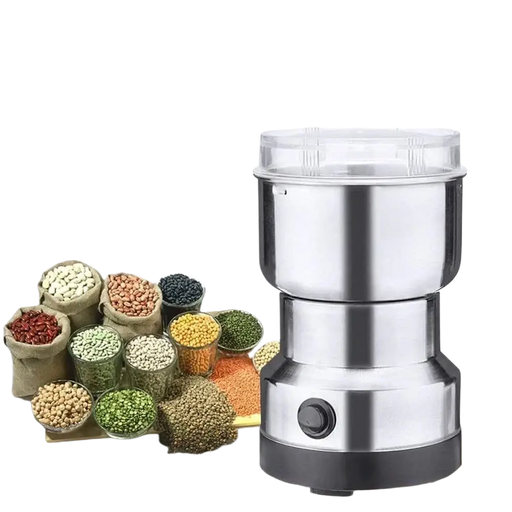 Electric coffee and spice grinder blade mill in stainless steel with clear plastic lid and black base for efficient grinding