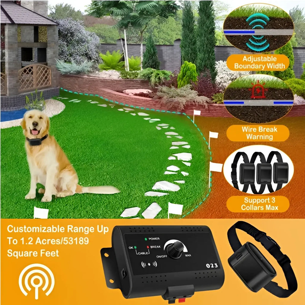 Black electric dog fence system with adjustable boundary width wire break warning and two collars for pet containment