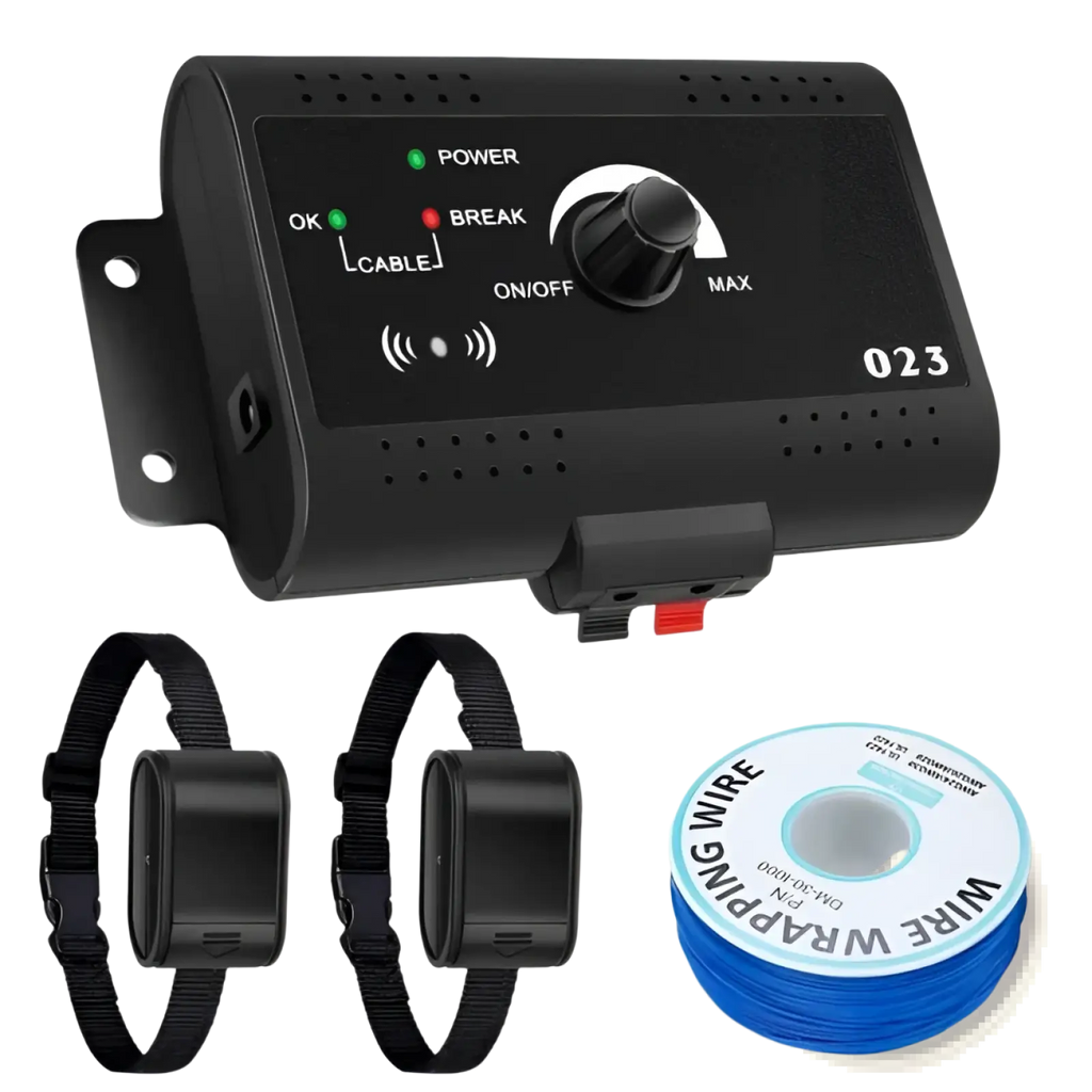 Black plastic electric dog fence system control unit with rotary dial indicator lights two collar receivers and blue wire spool