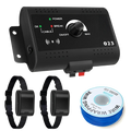 Black plastic electric dog fence system control unit with rotary dial indicator lights two collar receivers and blue wire spool