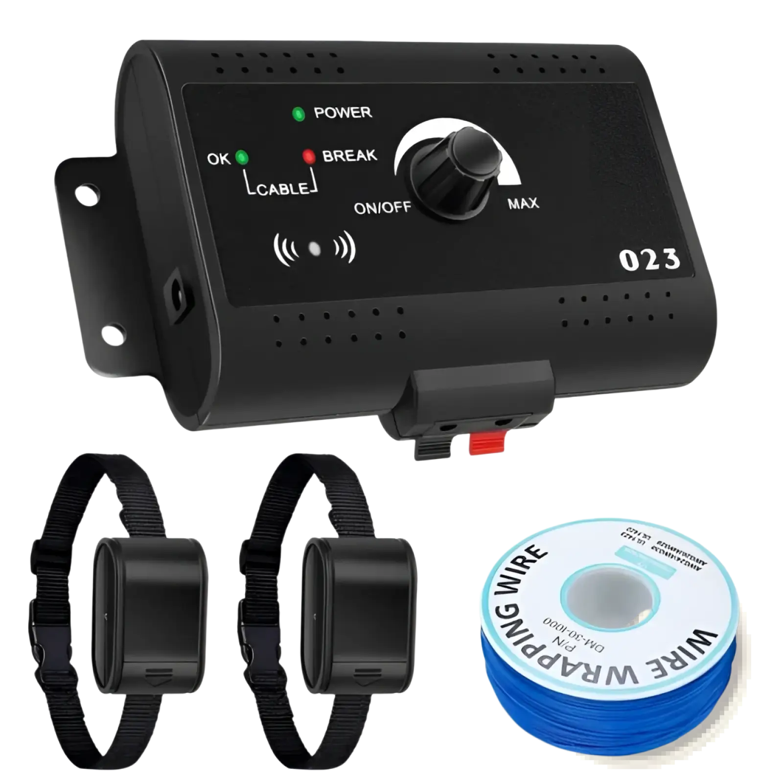 Black plastic electric dog fence system control unit with rotary dial indicator lights two collar receivers and blue wire spool