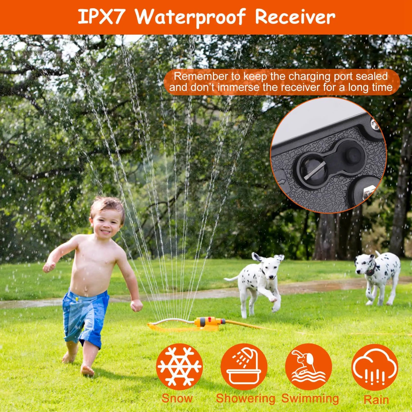 Yellow garden sprinkler nozzle with black textured charging port detail on electric dog fence system ipx7 waterproof model