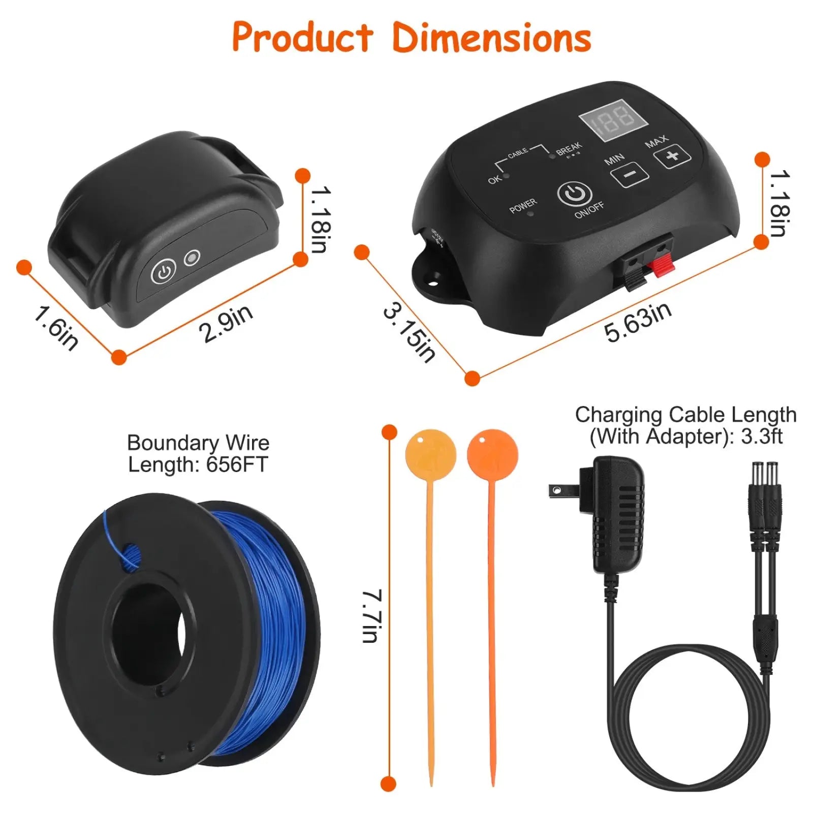 Black plastic electric dog fence system collar and receiver with digital display and adjustable boundary wire settings