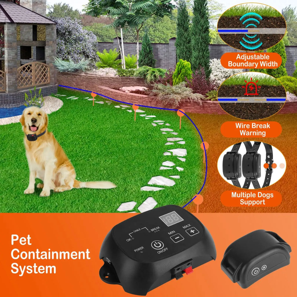 Black plastic electric dog fence system controller with digital display and matching waterproof collar for pet containment