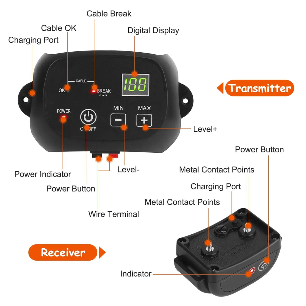 Black plastic electric dog fence system transmitter and receiver with digital display and metal contact points