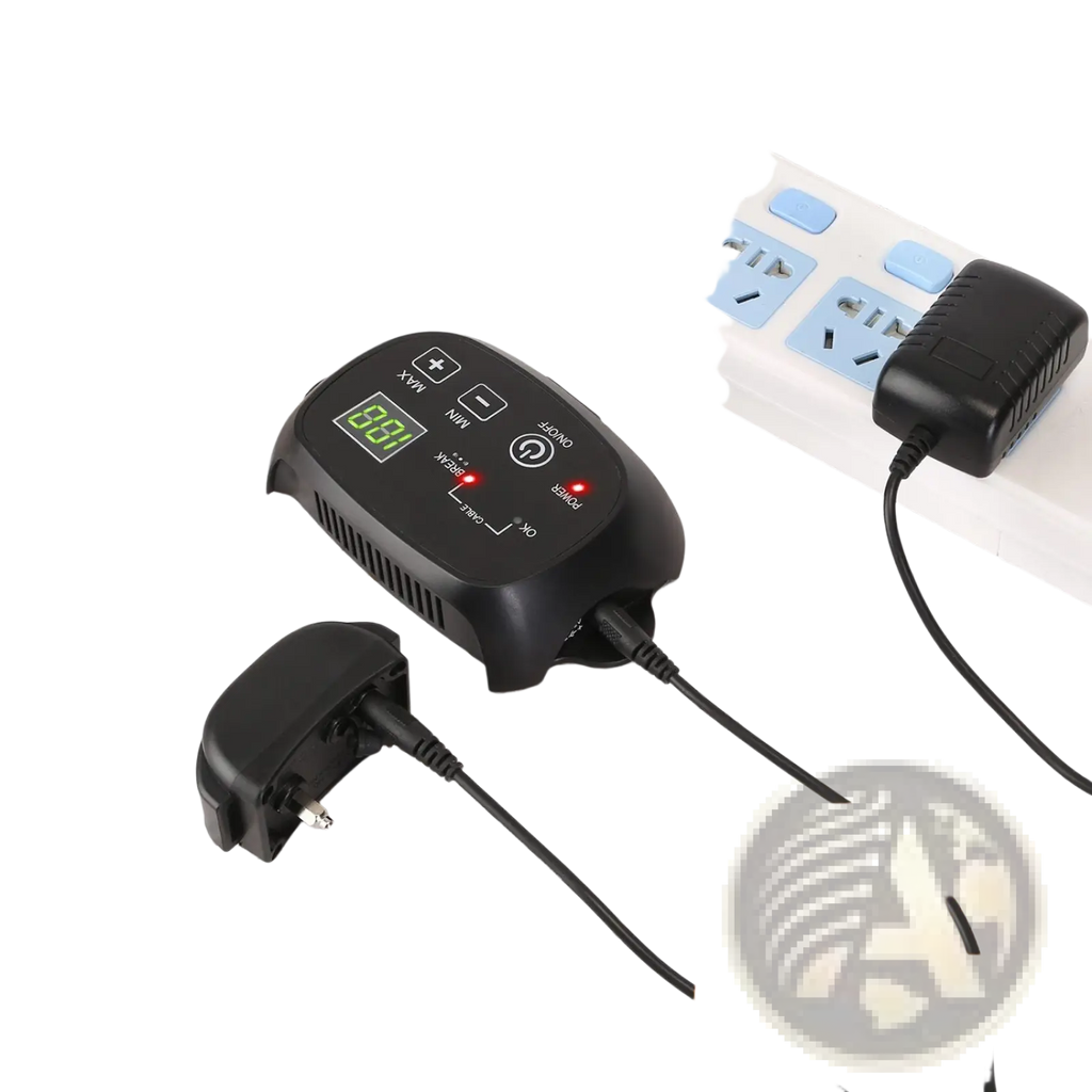 Black plastic electric dog fence system transmitter adapter with digital display and control buttons for pet containment