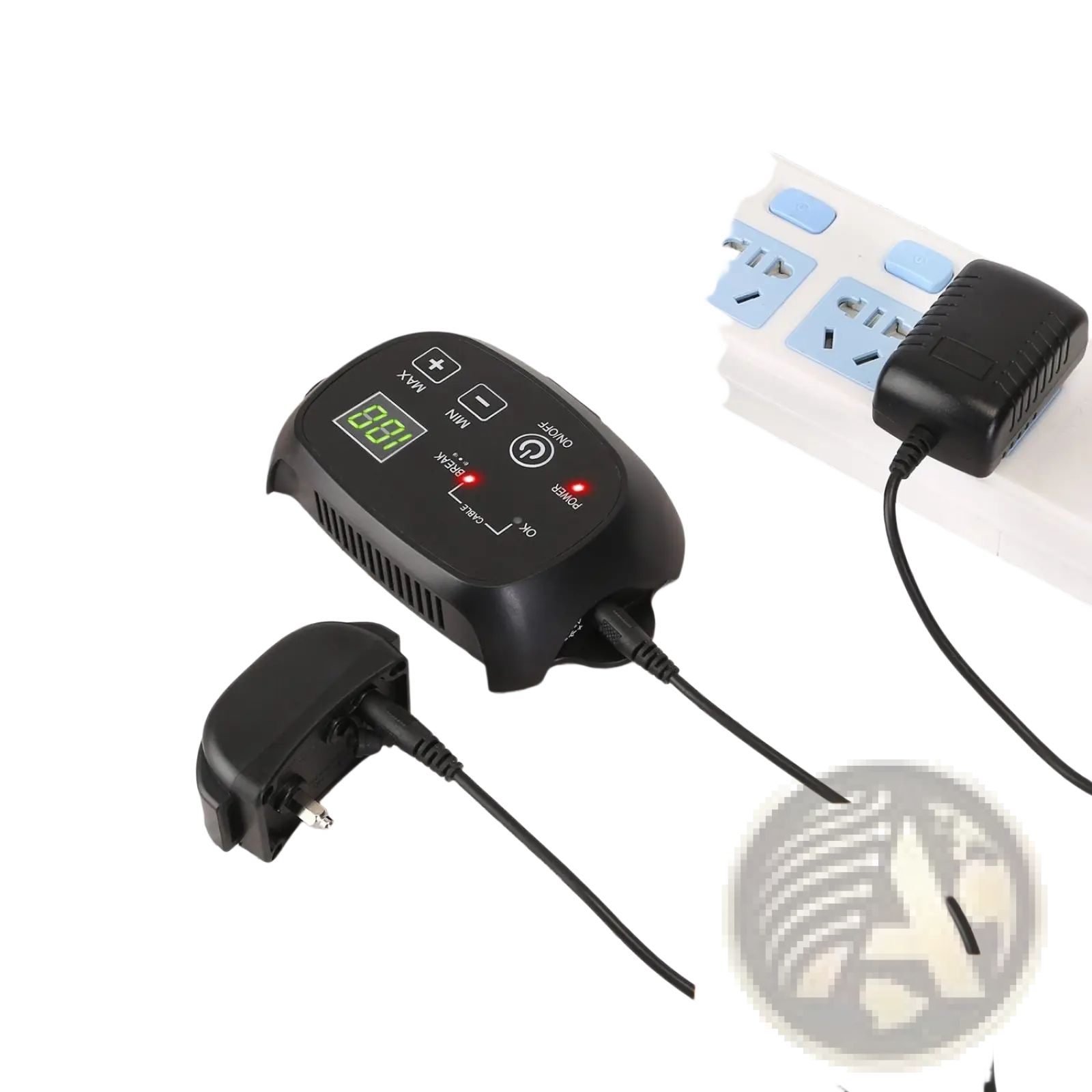 Black plastic electric dog fence system transmitter adapter with digital display and control buttons for pet containment