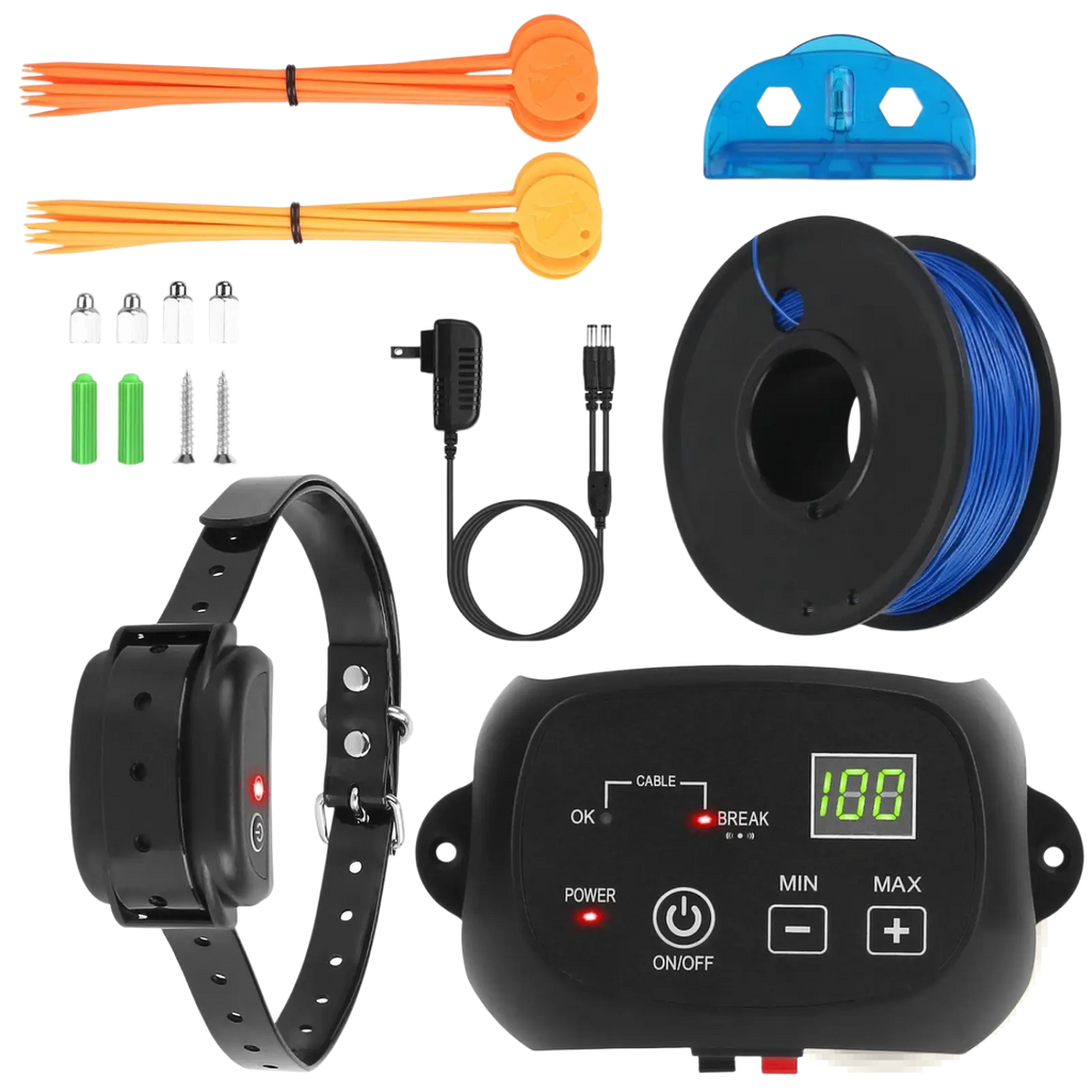 Black electronic dog fence system with waterproof ipx7 collars receiver digital display and installation accessories