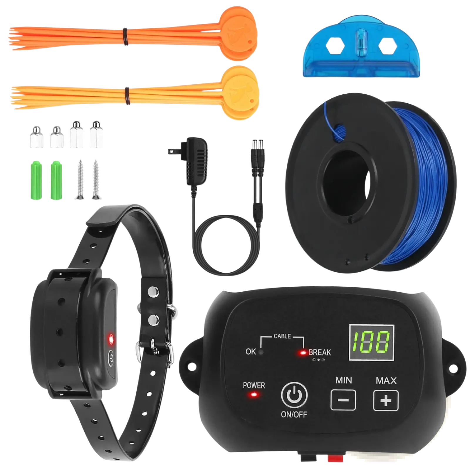 Black electronic dog fence system with waterproof ipx7 collars receiver digital display and installation accessories